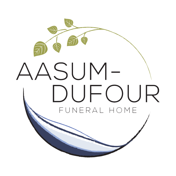 Logo for Aasum-Dufour Funeral Home with a green leaf branch and a curved blue shape inside a circle.