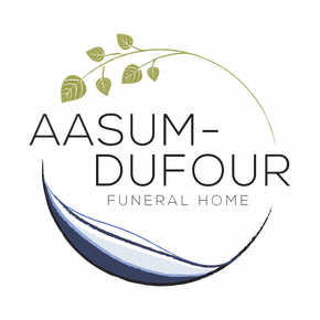 Logo for Aasum-Dufour Funeral Home with a green leaf branch and a curved blue shape inside a circle.