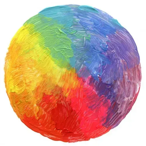 A colorful sphere painted with brushstrokes of red, orange, yellow, green, blue, and purple.
