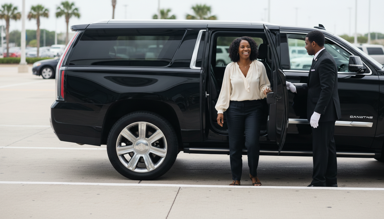 Woman exiting a black SUV as a uniformed chauffeur holds the door open. Airport setting.