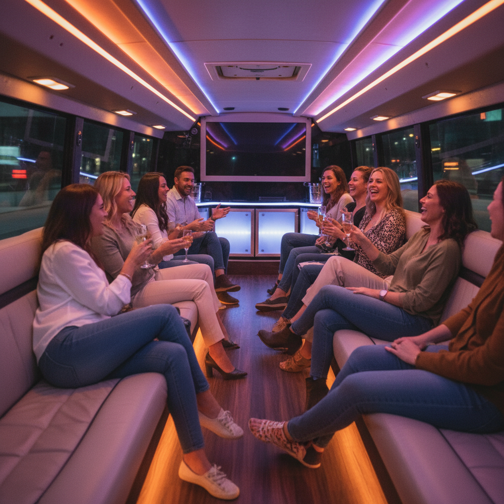 People inside a party bus, some holding drinks, laughing. Interior has neon lighting and a TV screen.