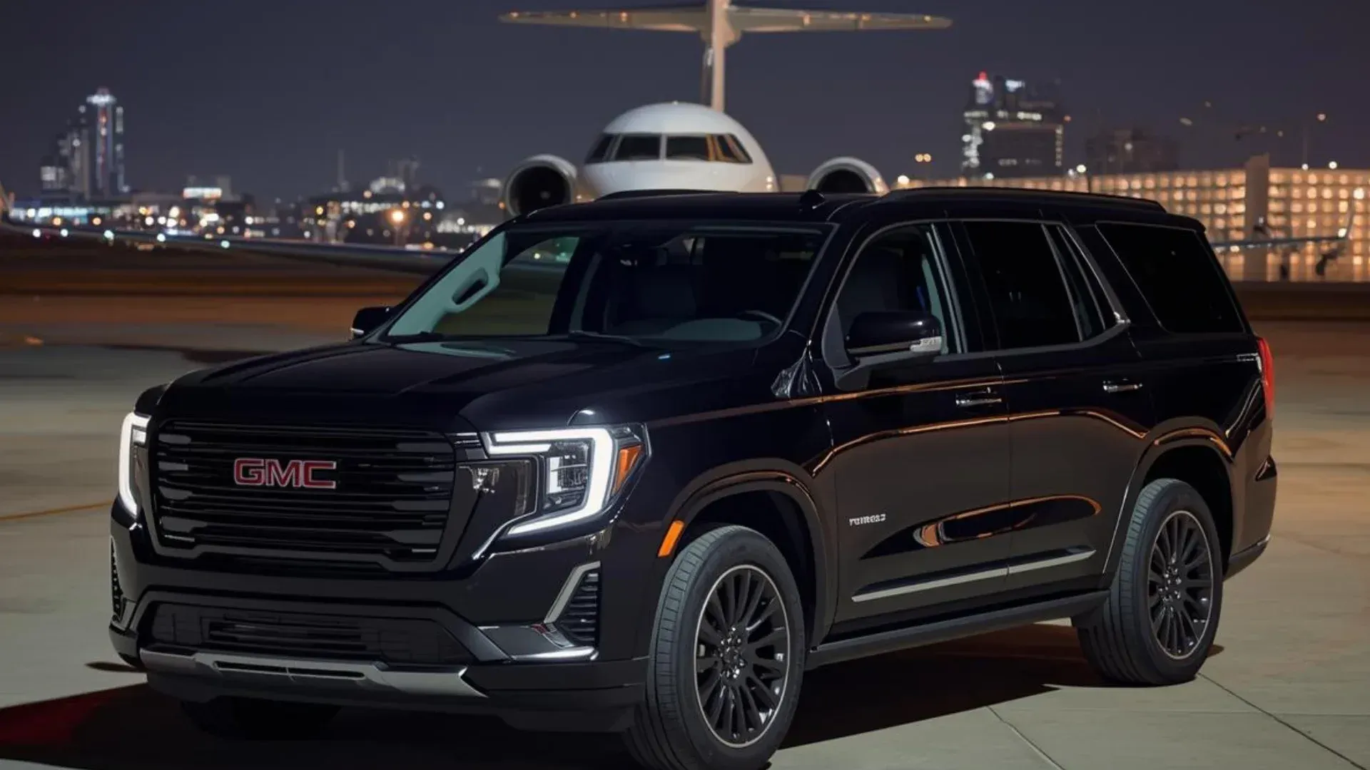 Black GMC Yukon SUV parked near an airplane at night.