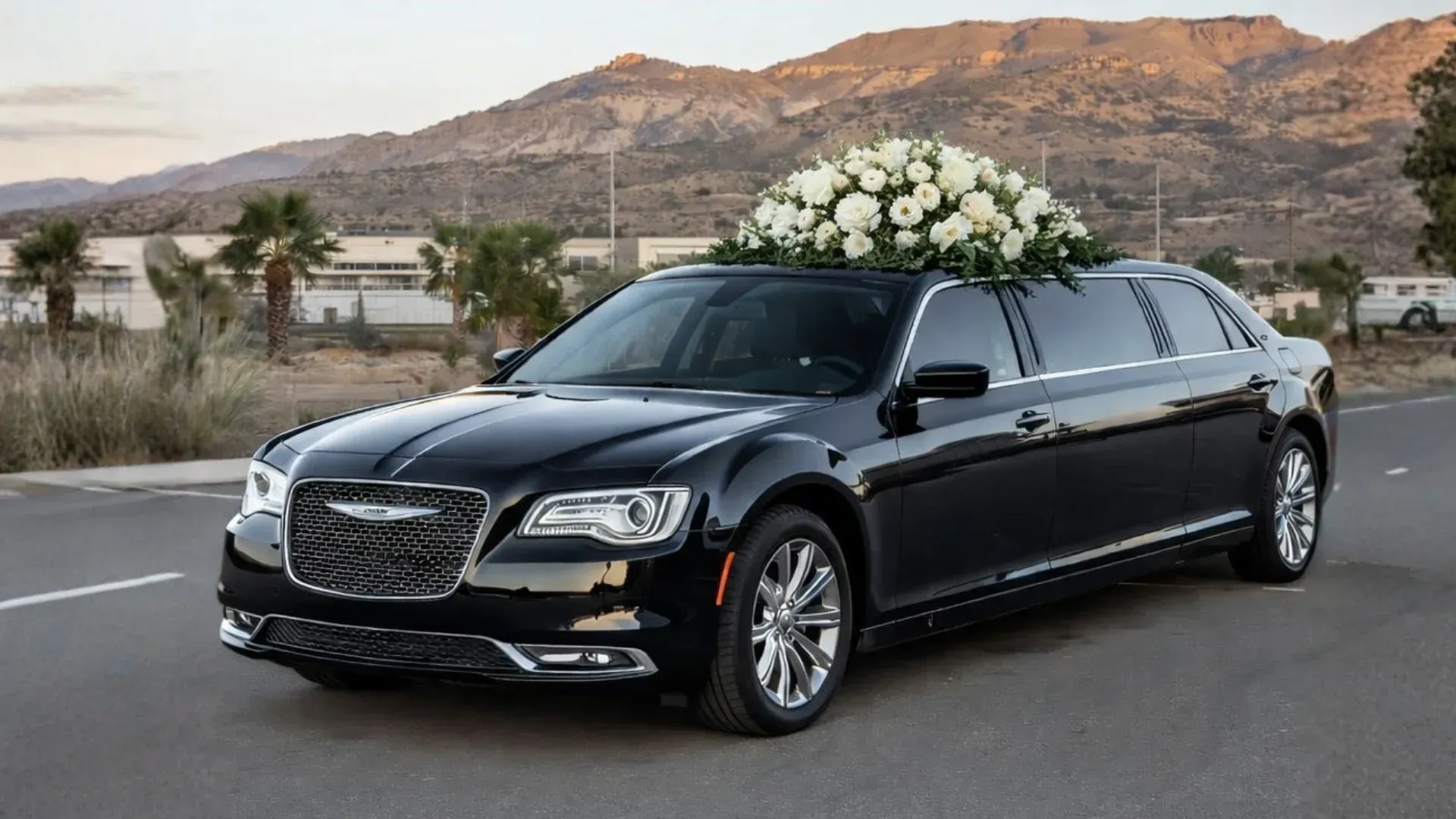 Black Chrysler limousine with white floral arrangement on the roof, driving on a road with mountains in the background.