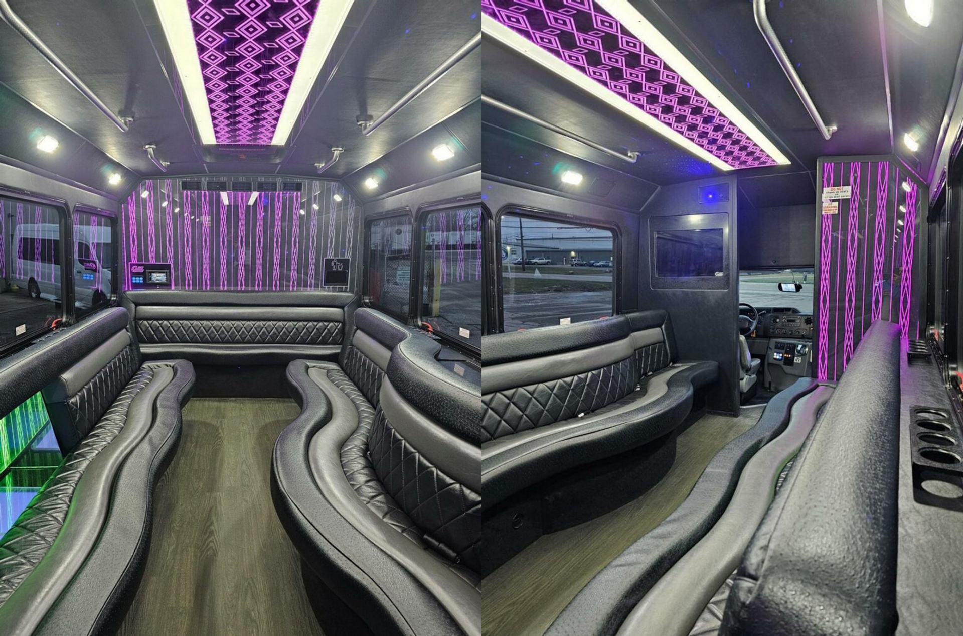 Interior of a luxury party bus with black leather seating, purple lighting, and dark wood-look flooring.