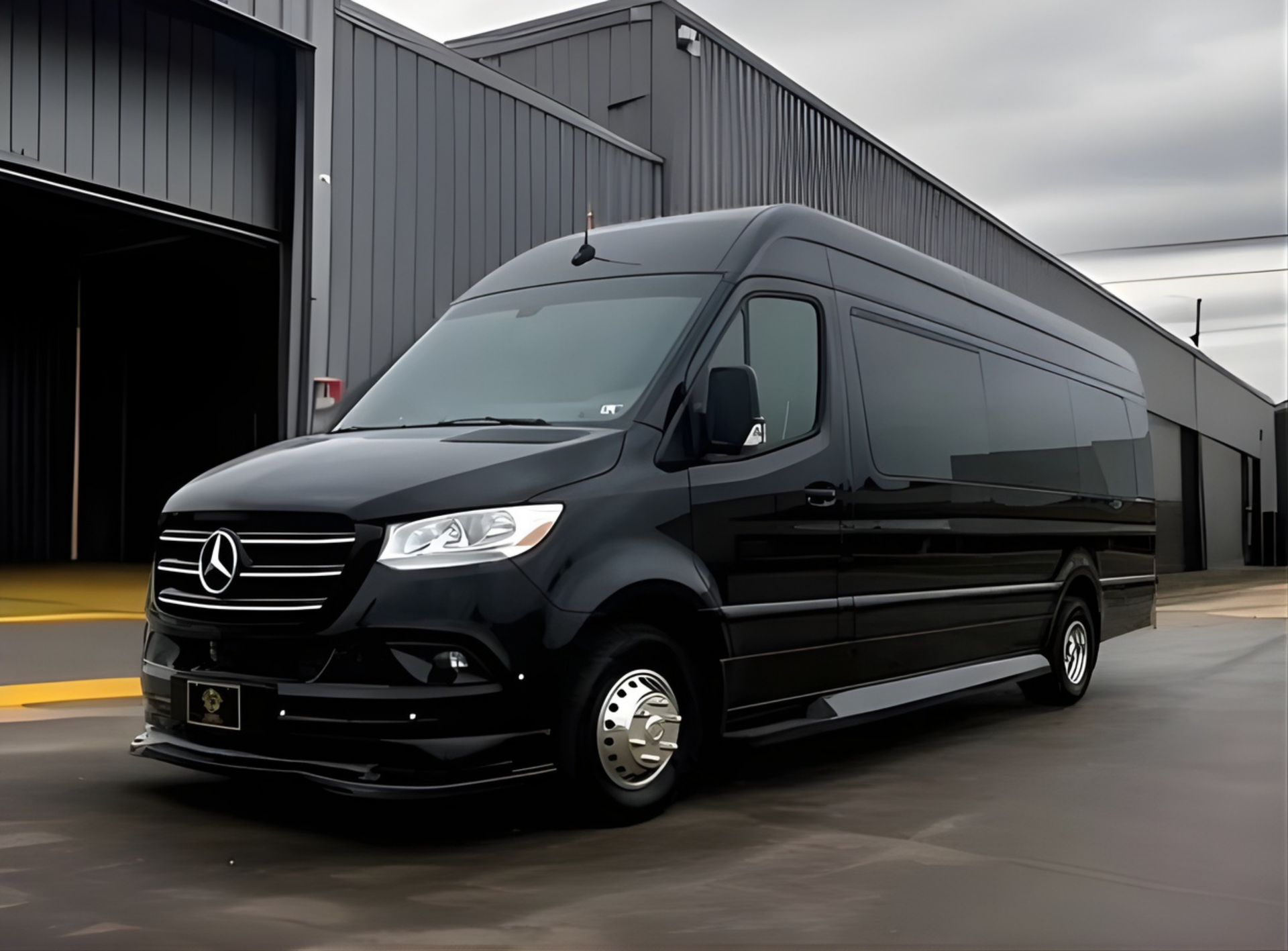 Black Mercedes Sprinter van parked in front of a modern building.