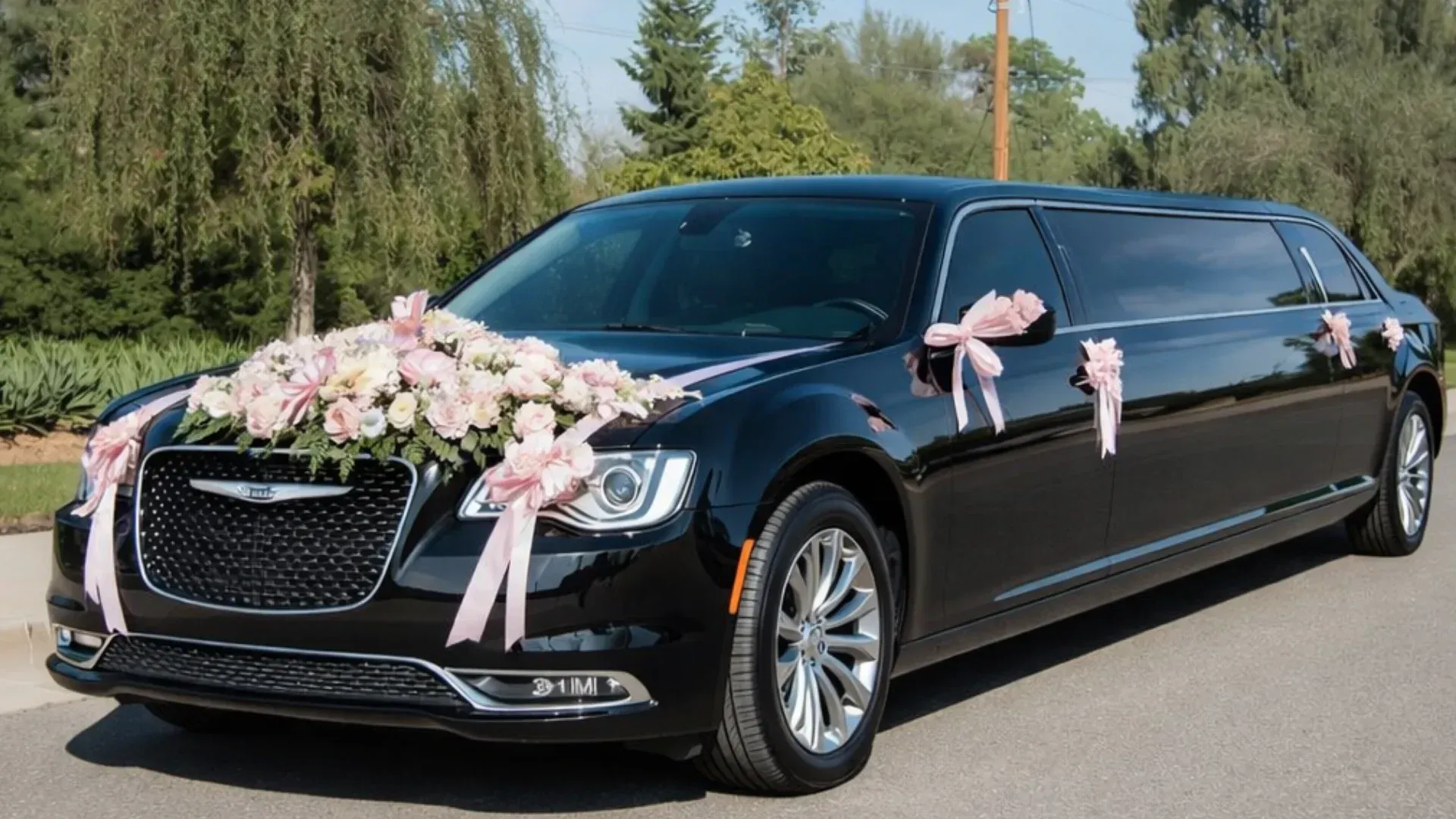 White roses and ribbons decorate a car's side mirror, suggesting a wedding.
