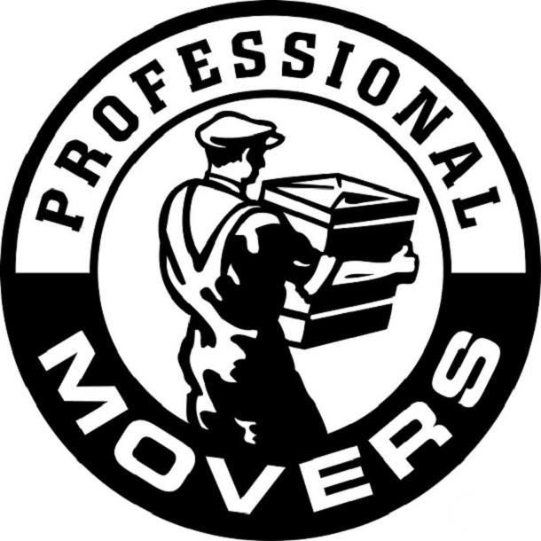 A black and white logo for professional movers with a man carrying boxes.