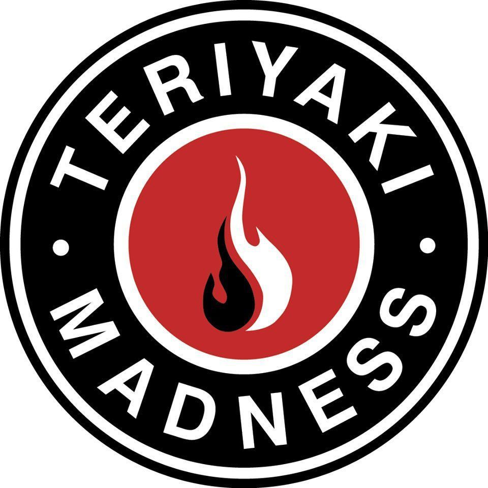 A logo for teriyaki madness with a fire in the middle. 28.4845° N, 81.2519° W