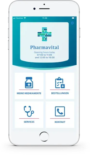 Ein Smartphone, auf dem der Startbildschirm der Pharmavital-App mit Symbolen angezeigt wird.
