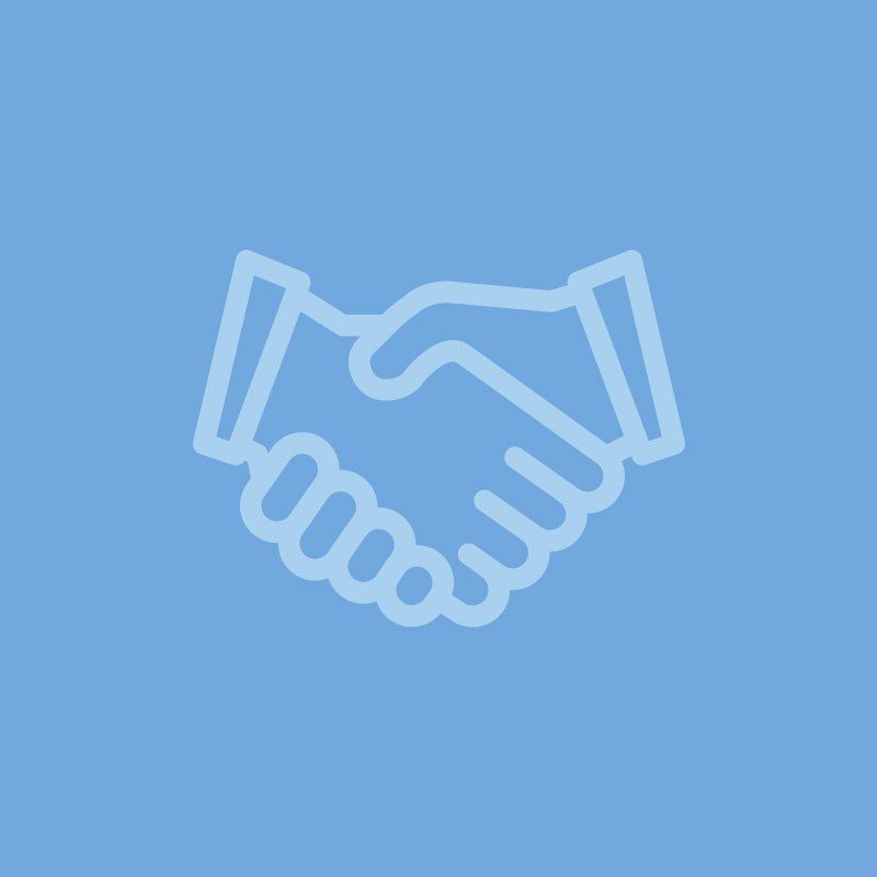 A line drawing of a handshake on a blue background.