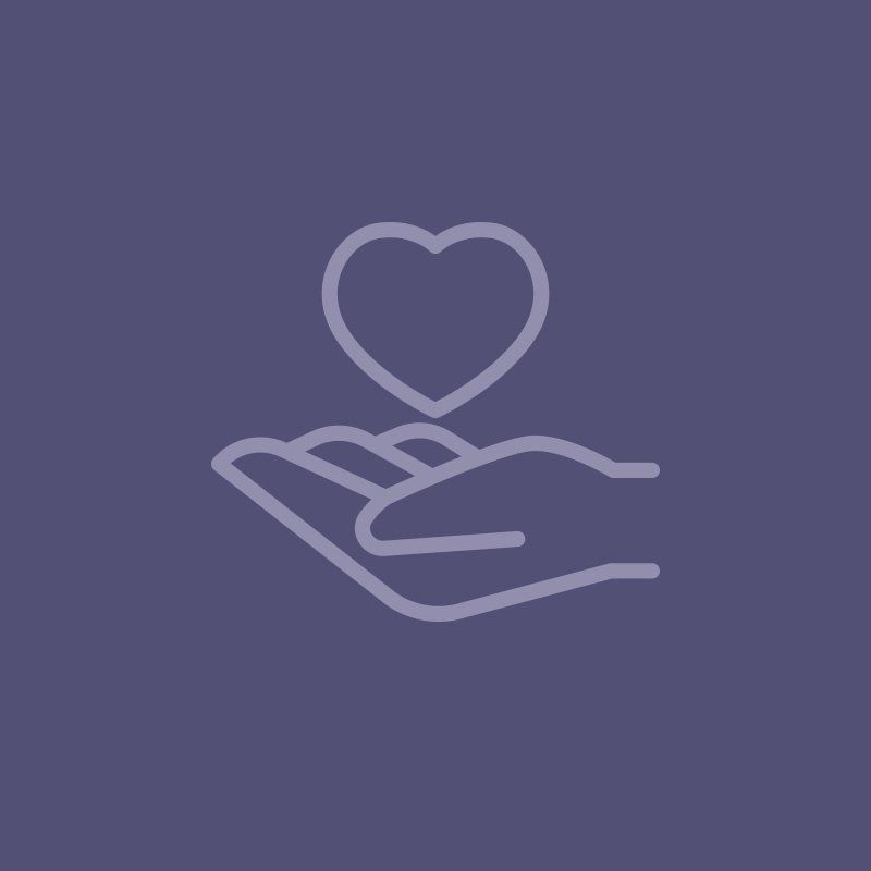 An icon of a hand holding a heart on a purple background.