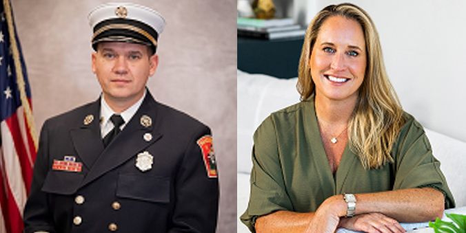 A man in a firefighter uniform and a woman in a green shirt are standing next to each other.