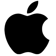 Black silhouette of an apple with a bite taken out, and a small leaf on top; Apple logo.