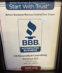 A bbb accredited business certificate for cb diversified consulting services llc