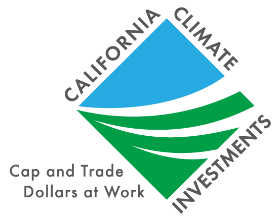 Logo for California Climate Investments featuring a blue and green diamond shape with text: 