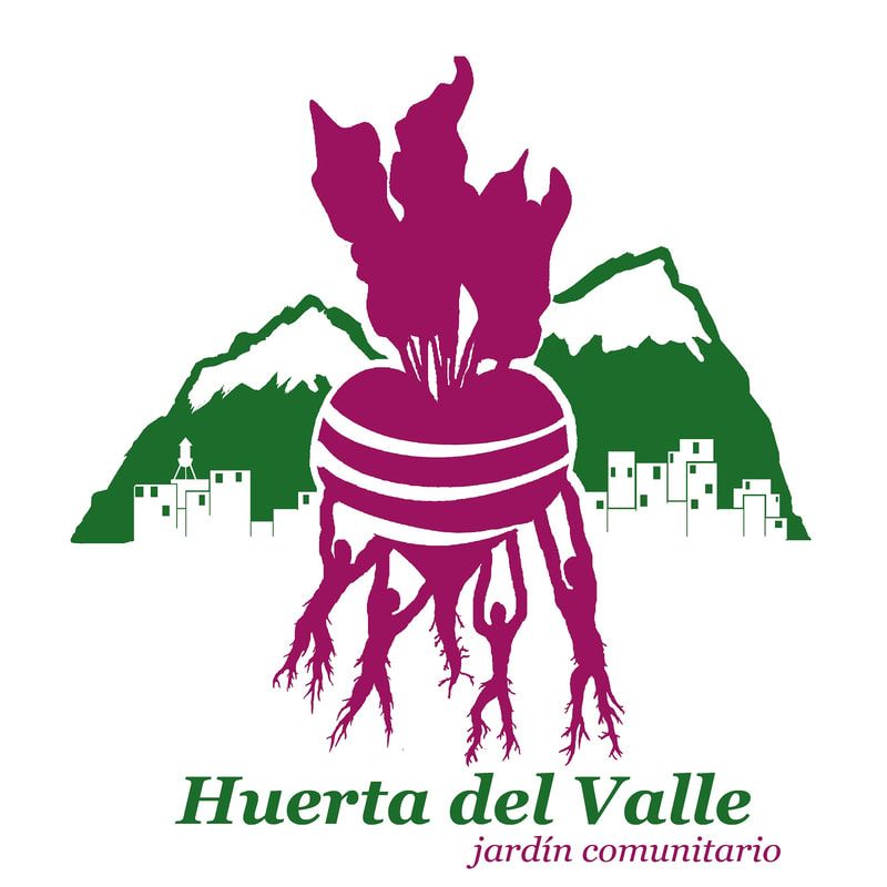 Logo for Huerta del Valle community garden, featuring a purple beet held by silhouettes against a green mountain backdrop.
