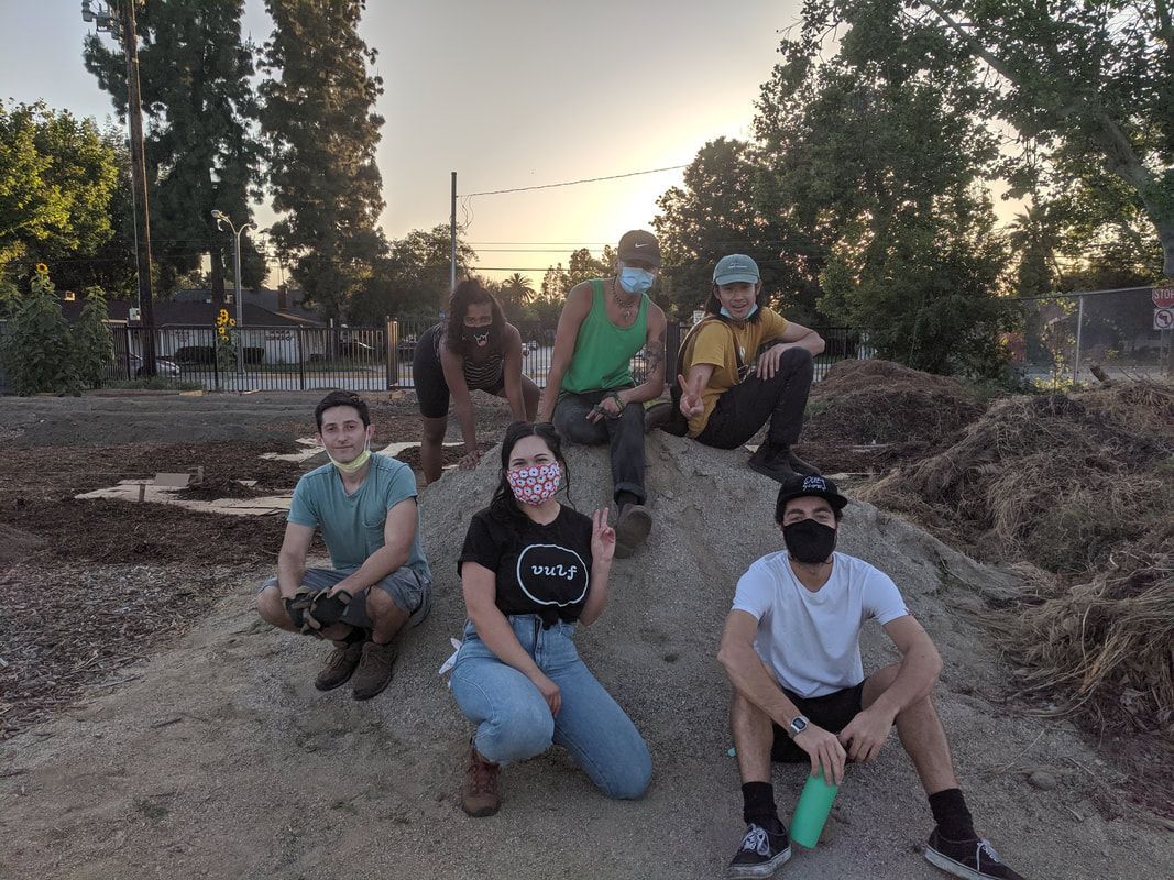 Six people sit on a large pile of wood mulch outdoors during sunset, some wearing face masks and casual clothing.
