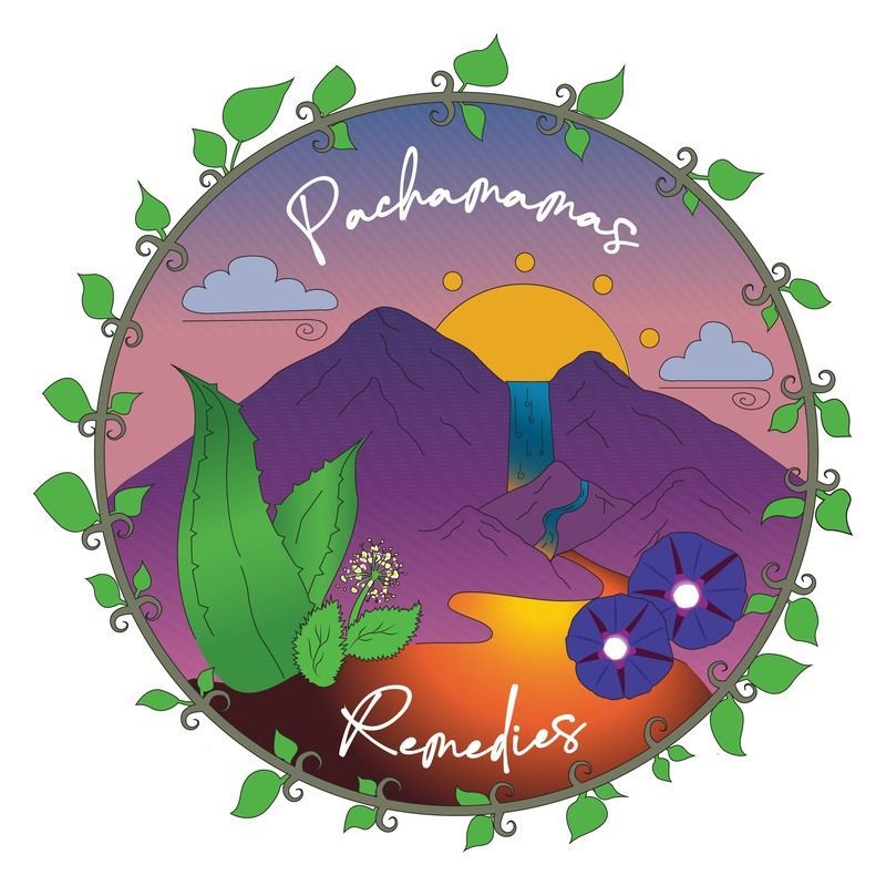 A logo featuring purple mountains, a sunset, a waterfall, and medicinal plants encircled by green leaves.