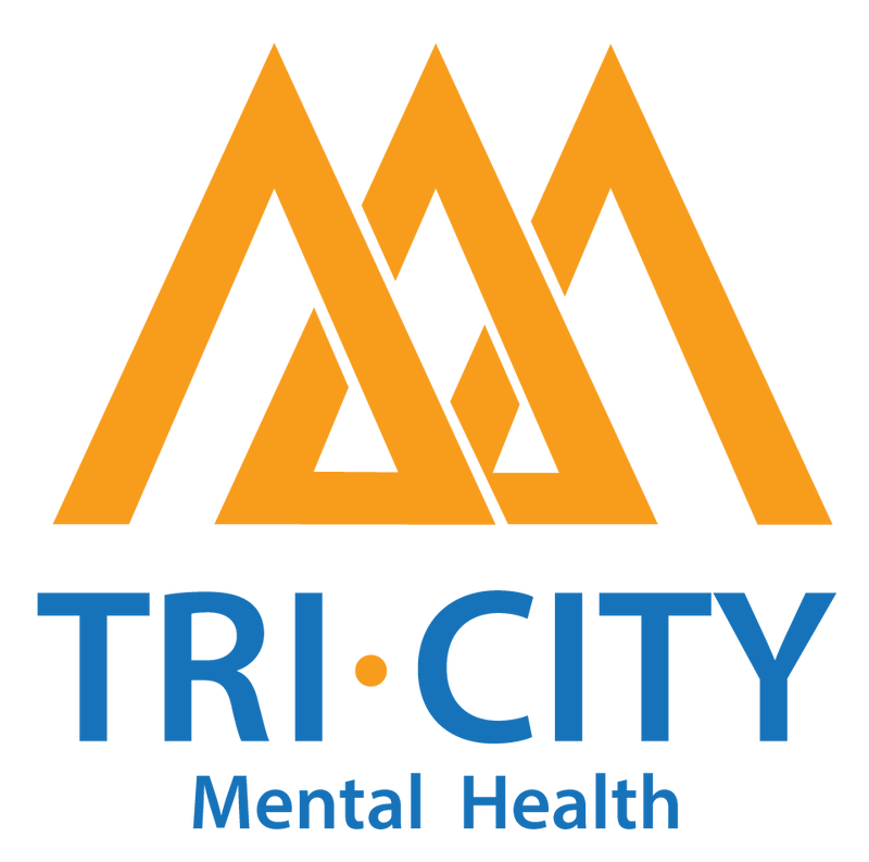 Logo for Tri-City Mental Health with three interlocking orange triangles above blue text.