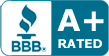 A blue and white sign that says bbb rated.