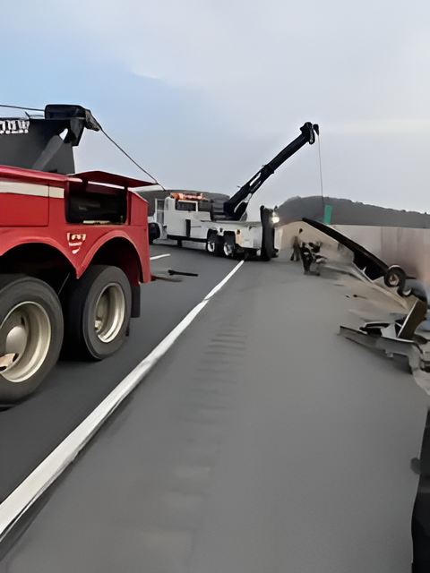 Tow trucks on a bridge, recovering a damaged vehicle. The scene is outdoors with overcast skies.