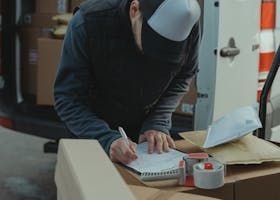 Delivery person in cap writing on a notepad near a delivery van, packages and tape.