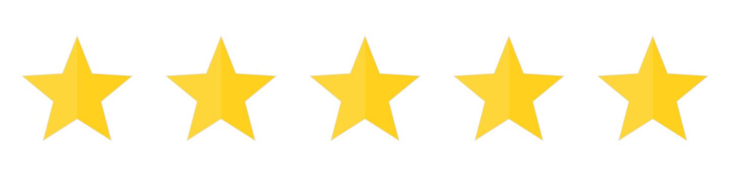 A row of five yellow stars on a white background.