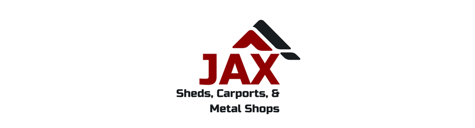 JAX logo with “Sheds, Carports & Metal Shops” in red and black on a white background
