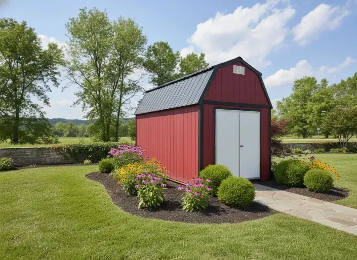 Red garden shed with white doors, set in a landscaped yard with flowers and trees under a blue sky