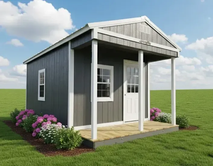 Small gray cottage with white trim, front porch, and pink flowers in a grassy yard under a blue sky