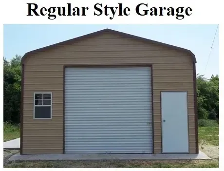 Tan regular garage with brown siding, large roll-up door, side door, and small window.