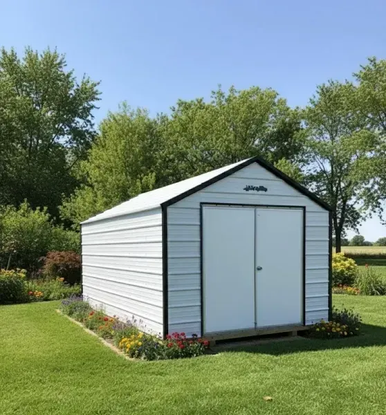 White garden shed with double doors on a grassy lawn, surrounded by flowers and trees.
