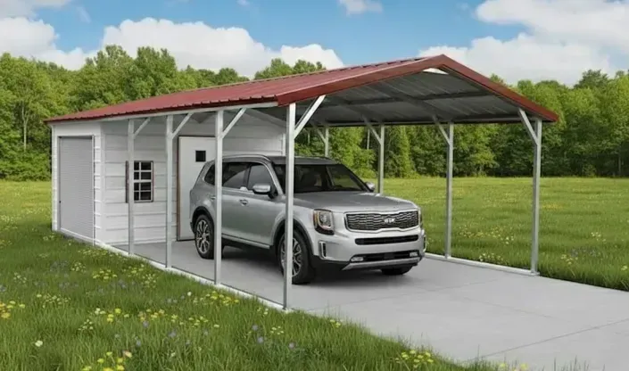 Silver SUV parked under a red-roofed carport beside a small white shed in a grassy yard