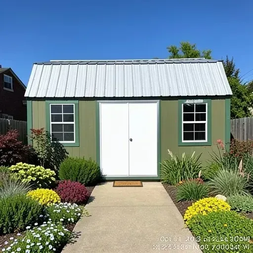 Small green garden shed with white double doors, windows, and a metal roof, surrounded by flowers and a walkway.