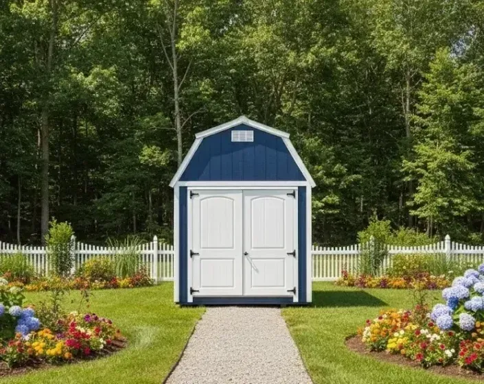 Blue-and-white garden shed at the end of a gravel path, surrounded by flowers and trees