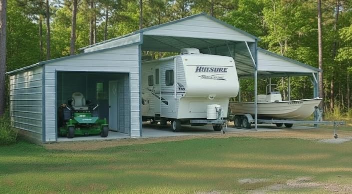 RV and golf cart parked under a metal carport in a wooded yard.