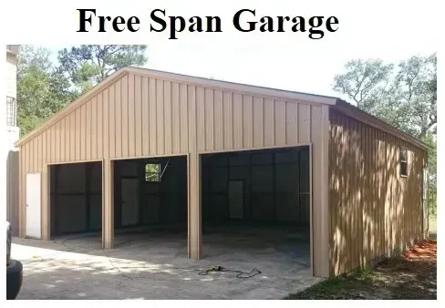 Tan garage building labeled “Free Span Garage” with three open bays and tan siding in a driveway.