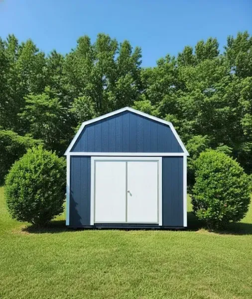 Blue garden shed with white double doors, centered on a grassy lawn with trees behind it