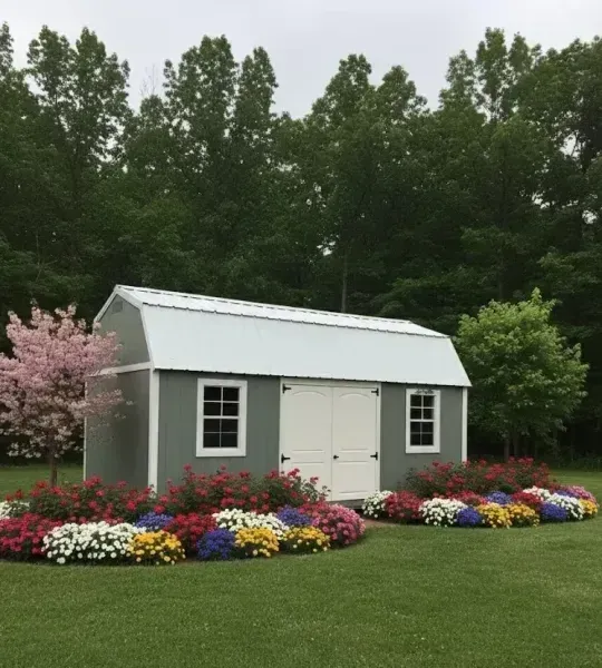 Small gray garden shed with white roof, surrounded by colorful flower beds on a green lawn.