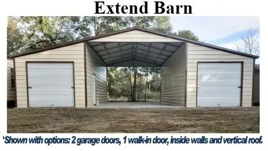 Extended barn with two white garage doors and central open bay, shown in a rural setting.