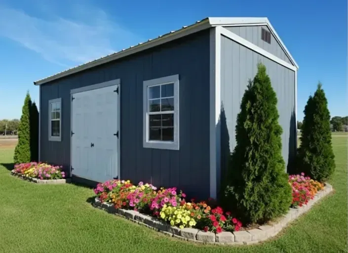 Blue garden shed with white trim, double doors, and flower beds on a green lawn under a clear sky