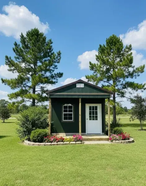 Small dark-green cabin with white door and windows, set in a grassy yard with two pine trees and flower beds.
