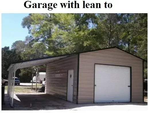 Tan garage with attached lean-to carport under trees, featuring a white roll-up door.