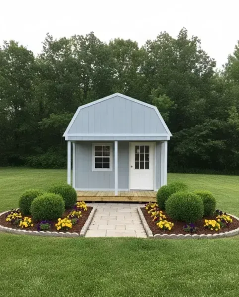 Small white garden shed with blue roof, front path, trimmed shrubs, and yellow flowers in a grassy yard.
