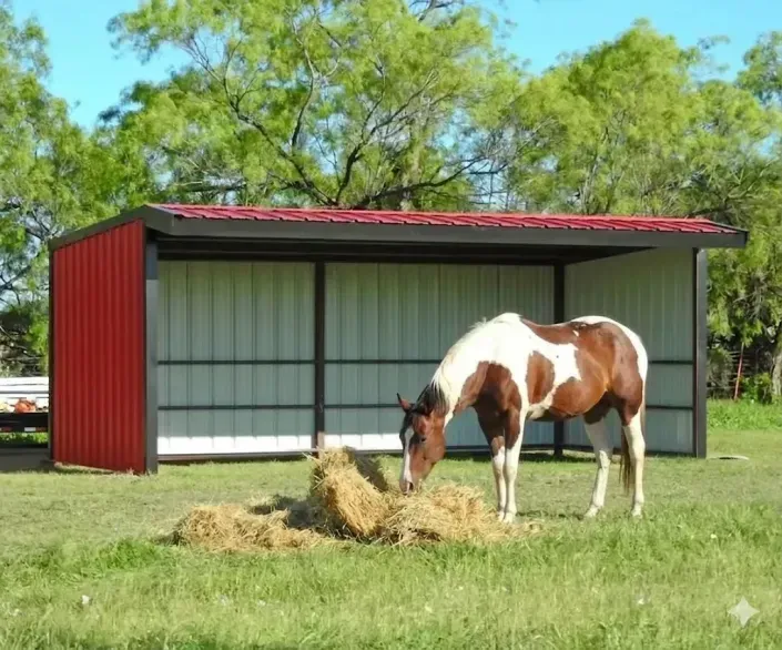 Brown-and-white horse grazing beside hay in front of a red-and-gray barn on a grassy field