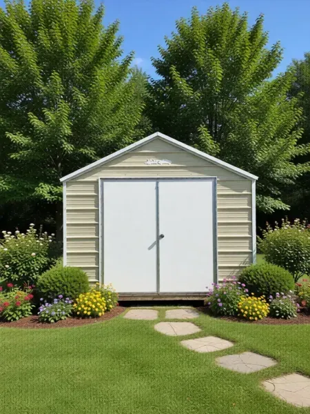 Small beige garden shed with white double doors, set in a landscaped yard with stone path and greenery.
