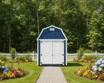 Blue garden shed with white doors at the end of a path, surrounded by flowers and trees
