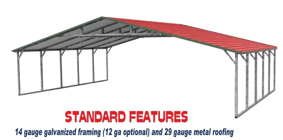 Red-roofed metal carport with open sides and “Standard Features” text on white background