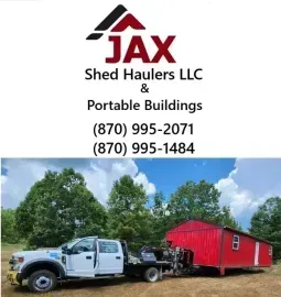 JAX Shed Haulers LLC logo with contact numbers and a truck towing a red portable building under a blue sky