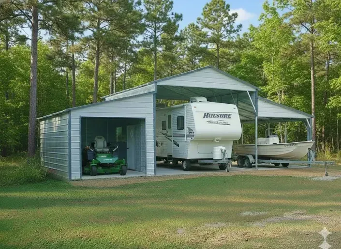 White RV parked in a metal carport beside a small storage bay, surrounded by trees and grass.